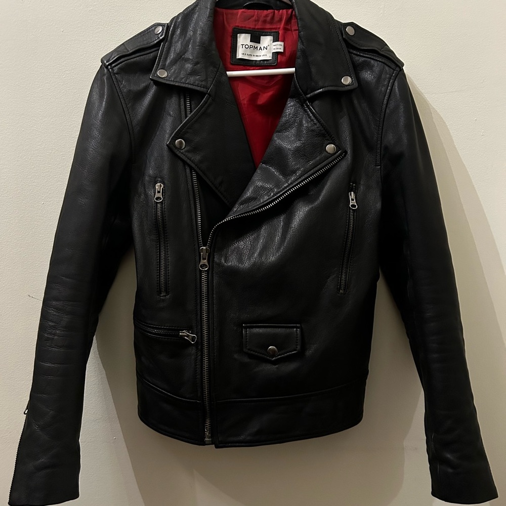 Topman | Men’s Black Leather Biker Jacket | Size S